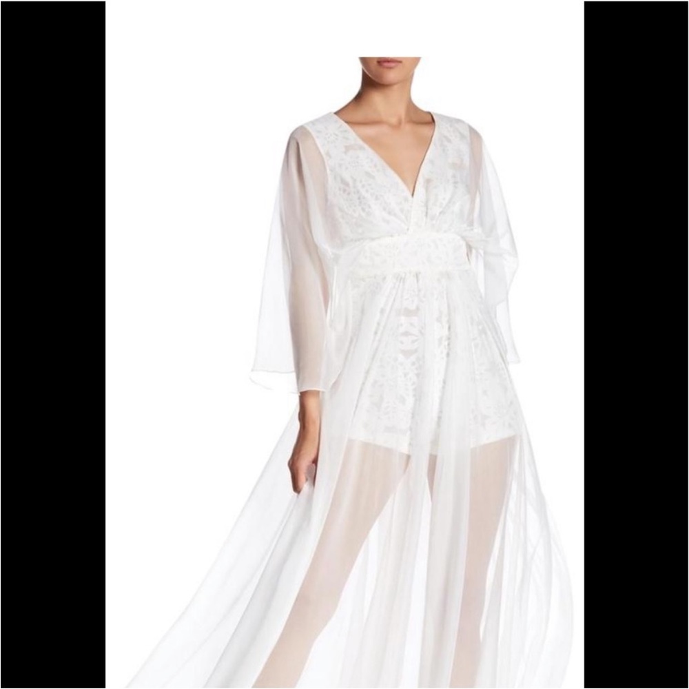 White Sheer Jumpsuit with Long Sleeves and V-Neckline